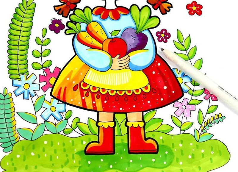 儿童画《抱果蔬的小女孩》绘画教程