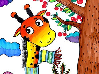 儿童水彩笔画《长颈鹿》美术绘画教