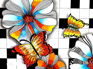 少儿美术线描绘画《花丛里的蝴蝶》教程欣赏