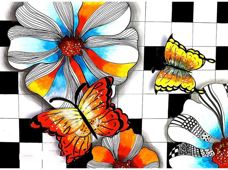 花丛里的蝴蝶儿童画