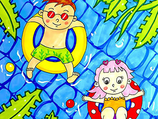 儿童画教程《清凉的夏天去游泳》水彩笔画