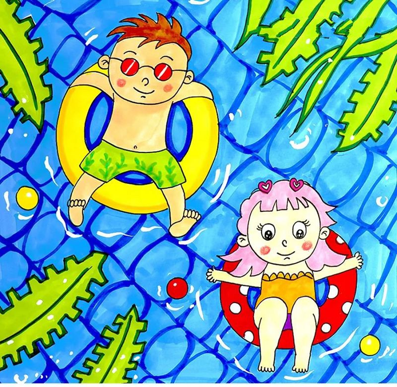 清凉的夏天去游泳儿童画