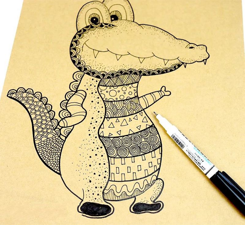 少儿美术线描画《小鳄鱼》卡通作品绘画教程
