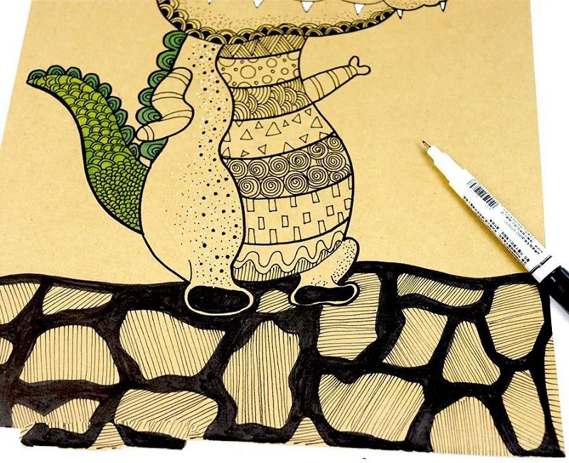 少儿美术线描画《小鳄鱼》卡通作品绘画教程